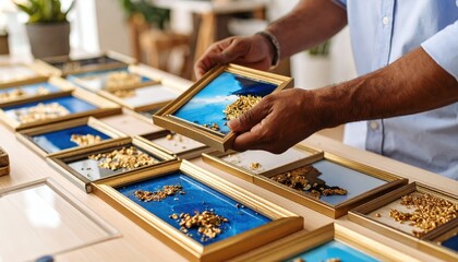 Fototapeta premium Man Examining Framed Artwork Display On Wooden Table