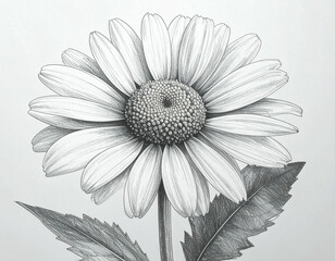 A meticulously rendered grayscale pencil drawing of a single daisy, showcasing its delicate petals and textured leaves.