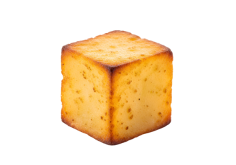A solitary, cube-shaped baked good, presented against a black backdrop, showcases a golden-brown crust and speckled texture.