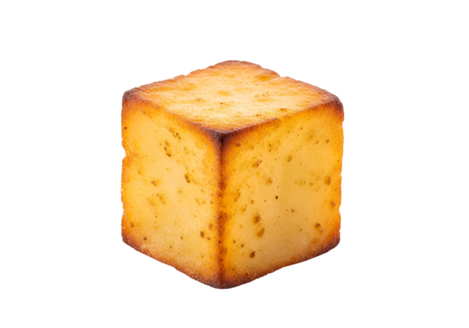 A solitary, cube-shaped baked good, presented against a black backdrop, showcases a golden-brown crust and speckled texture.