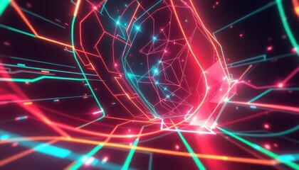 Vibrant abstract digital network with glowing neon lines in a futuristic tunnel. Represents high-speed data flow, technology, and virtual connectivity for AI, blockchain, and VR concepts.