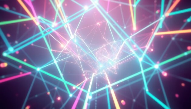 Abstract neon light network with glowing connections and geometric shapes, symbolizing technology, data, communication, and digital innovation.