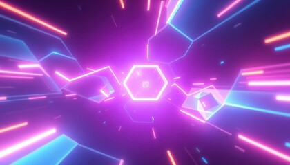 Futuristic glowing neon tunnel with vibrant hexagons and light trails, depicting data flow, cyberspace, or an abstract digital journey. Ideal for technology, gaming, or energetic backgrounds.
