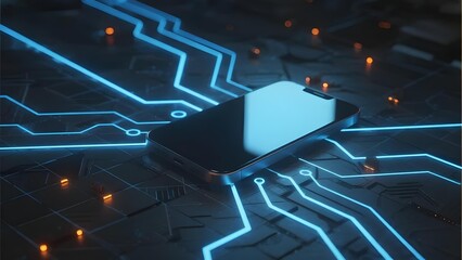 Naklejka premium Smartphone integrated with glowing circuitry, symbolizing advanced technology and connectivity.