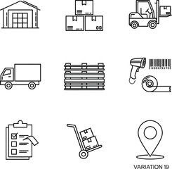 Logistics and delivery icons set for shipping and warehousing