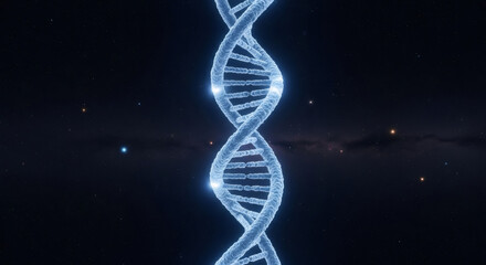 DNA double helix structure with glowing elements on a dark cosmic background. Genetic engineering and futuristic scientific research concept.