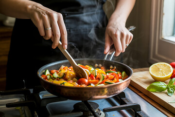 Hands expertly stir-frying colorful fresh vegetables in a copper pan, creating a vibrant and healthy culinary experience.