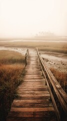 Foggy wooden boardwalk extending into a marsh