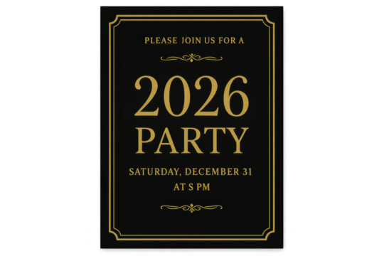 Elegant black and gold 2026 new year's eve party invitation on transparent background