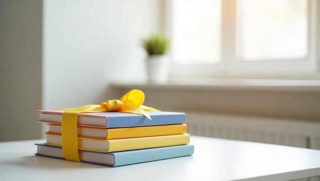 Colorful stack of books with yellow ribbon on white table