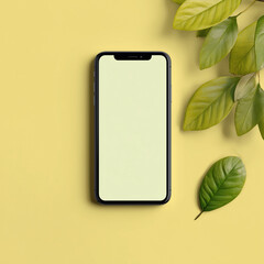 A modern smartphone rests elegantly alongside fresh leaves, offering a serene and natural touch to the scene. A symbol of technology meeting the natural world. 