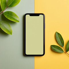 A sleek smartphone displays a blank screen, elegantly set against a vibrant, dual-tone background, framed by fresh green leaves, creating a minimalist and modern composition.