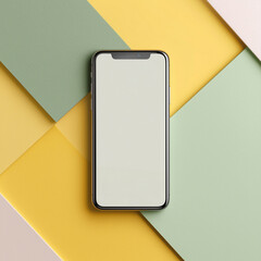 An aesthetically pleasing and stylish smartphone is centered against a dynamic backdrop of layered, multi-colored geometric shapes. Its screen is a blank canvas.