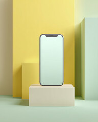 A modern smartphone is presented on a minimalist geometric background. The scene uses soft colors, showcasing technology in a creative, contemporary style. 