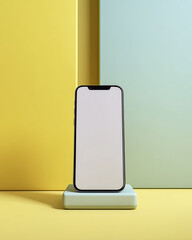 A sleek smartphone showcases its blank screen, poised atop a minimalist platform against a backdrop of vibrant pastel hues, with modern aesthetic and technological sophistication.