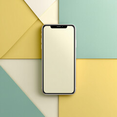 A modern smartphone sits sleekly, its blank screen a canvas for limitless possibilities, set against a backdrop of geometric shapes in serene, soft colors. 