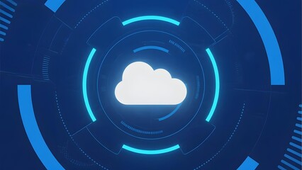 Cloud icon within concentric blue circles on a dark background