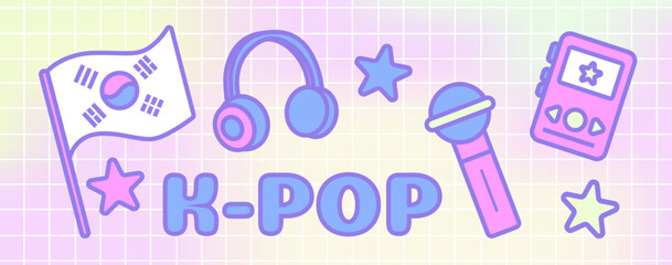 A collection of pastel-style K-pop themed vector icons, including a Korean flag, music player, headphones, microphone, stars, and 
