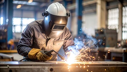 Industrial Welder Focusing on Metal Work in Factory Setting.