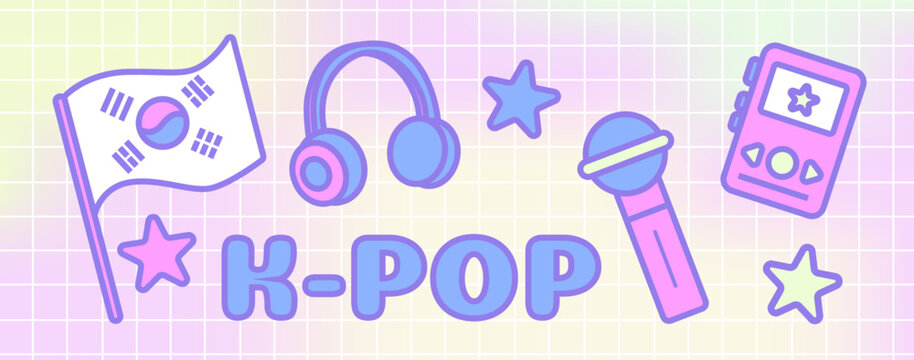 A collection of pastel-style K-pop themed vector icons, including a Korean flag, music player, headphones, microphone, stars, and "K-POP" lettering. 