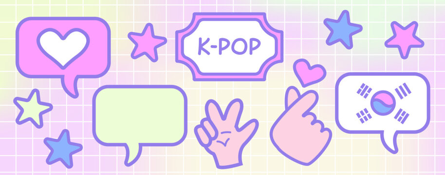 Cute K-pop themed pastel vector illustration with speech bubbles, Korean flag, love hand gestures and stars for fan merchandise and digital design.