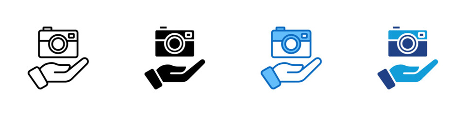 Camera Service Multiple Style Icon Vector Design - Camera held in hand, symbolizing photo service, digital asset offering, or photography support
