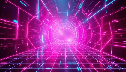 Dynamic neon tunnel with glowing pink and blue lines, symbolizing digital data flow and connectivity. Perfect for technology, gaming, and VR.
