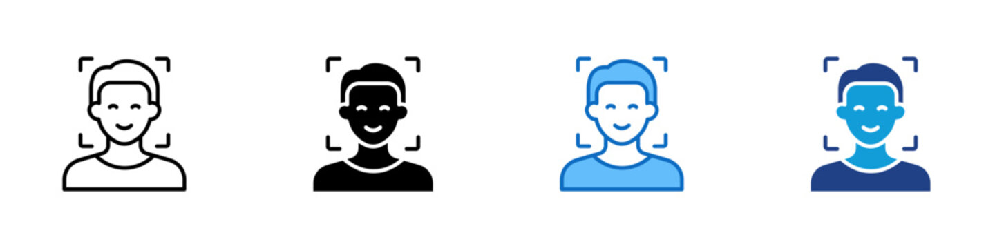 Face Detection Multiple Style Icon Vector Design - Face inside focus frame, symbolizing facial recognition, biometric scan, or smart camera features