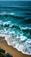 ocean waves hitting shore, foamy white water on turquoise sea