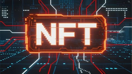 Digital artwork featuring the text 'NFT' in a futuristic, pixelated style with glowing circuits.