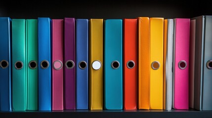 A vibrant array of colorful binders neatly arranged on a shelf, showcasing organization and a playful aesthetic.