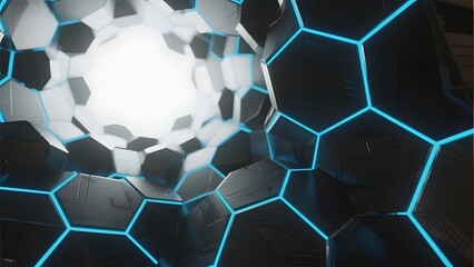 Hexagonal Tunnel with Blue Neon Lights and Central Bright Light
