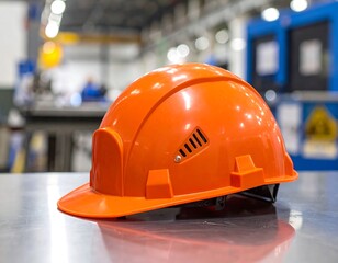 Orange safety helmet on metal surface in a factory