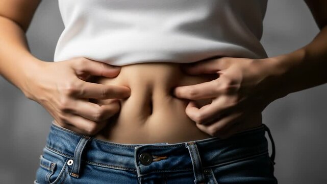 Concerned Woman Pinches Her Stomach, Checking for Excess Belly Fat and Weight Gain