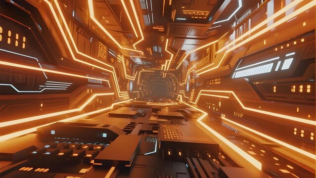 Futuristic Interior with Neon Lighting and Advanced Technology Panels