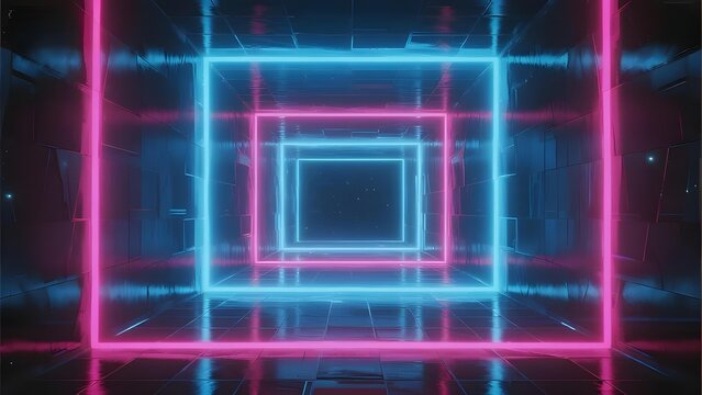 Neon-lit geometric tunnel with blue and pink light squares creating a futuristic ambiance