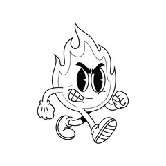 A black and white cartoon illustration of a stylized flame character with an angry expression.