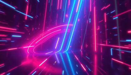 Vibrant neon light trails illuminate a futuristic digital tunnel, symbolizing speed, connectivity, and modern technology in abstract space.