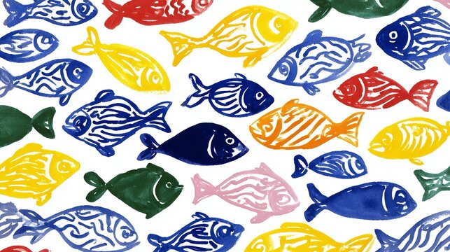 Diverse specie di pesci colorati su uno sfondo bianco.