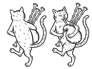Hand drawn engraving style cats playing bagpipes, front and back views. Vintage medieval heraldic animal illustration set in gothic style