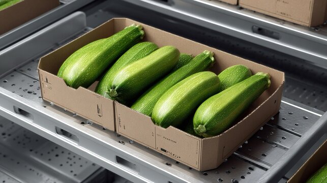 Scatola di cartone, ecosostenibile, contenente zucchine verdi brillanti e fresche