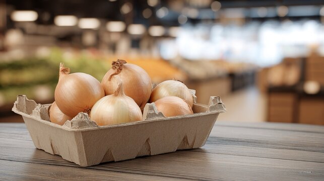 Contenitore di cartone riciclato, ecosostenibile,  contenente diverse cipolle gialle. L'immagine potrebbe essere utilizzata per scopi promozionali, per presentare il prodotto su siti web o cataloghi.
