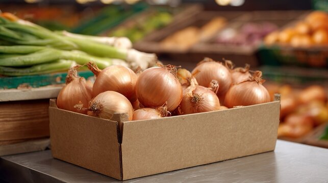 Scatola in cartone con cipolle dorate, posizionata su un banco di vendita di un negozio ortofrutticolo. Messaggio di un approccio sostenibile alla presentazione e vendita dei prodotti agricoli