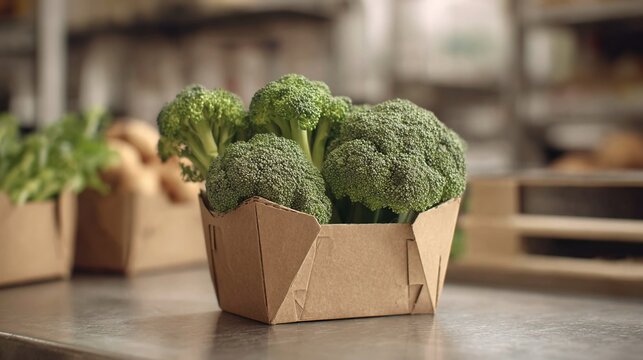 Contenitore di cartone riciclato, ecosostenibile,  contenente broccoletti. L'immagine potrebbe essere utilizzata per scopi promozionali, per presentare il prodotto su siti web o cataloghi.