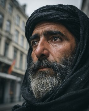 Un uomo con barba e copricapo nero guarda verso l'obiettivo, con un'espressione seria.