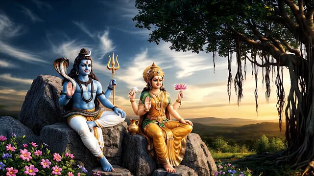 Lord Shiva and Goddess Parvati in Serene Divine Presence Amidst Nature
