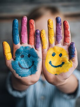 Un bambino mostra le sue manine dipinte con colori vivaci. Ogni mano ha un volto sorridente disegnato sul palmo. L'immagine comunica un senso di gioia infantile e creativit&agrave;.