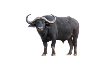 African black buffalo in a natural pose, showcasing its distinctive features and robust physique

