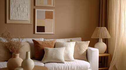 Soggiorno moderno con divano bianco, cuscini e quadri sui toni del marrone e beige. Ambiente che trasmette sensazioni di comfort e relax.