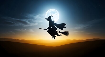Silhouette of a witch soaring on a broomstick under a majestic full moon, against a backdrop of a breathtaking sunset over rolling hills. A mystical Halloween scene.